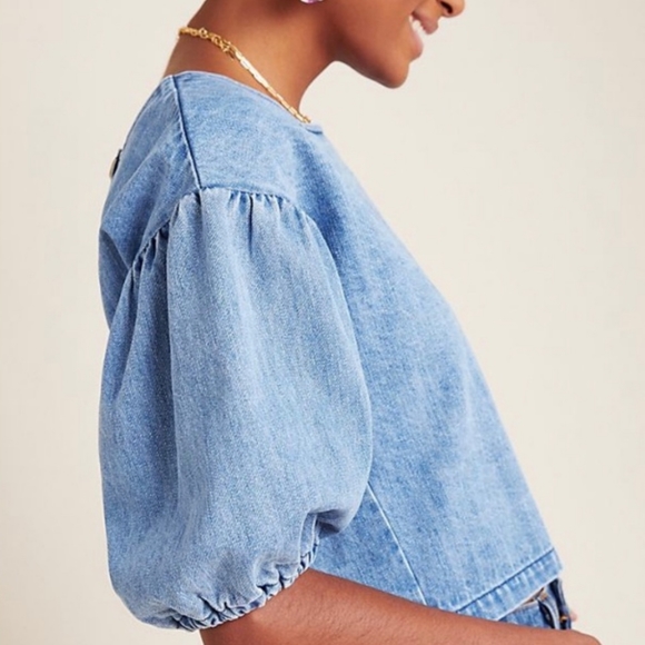 Anthropologie the Odells Denim Puff Sleeve Cropped Top - Picture 10 of 16